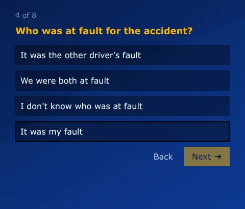 Case Connect multi-step form screen 4: who was at fault for the accident