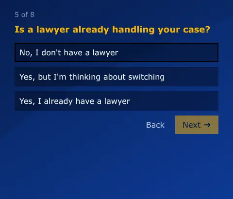 Case Connect multi-step form screen 5: whether a lawyer is already handling the case