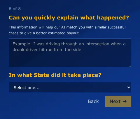 Case Connect multi-step form screen 6: a short description of what happened, and the state it happened in