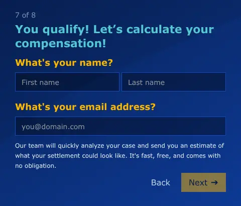 Case Connect multi-step form screen 7: your first name, last name and email address