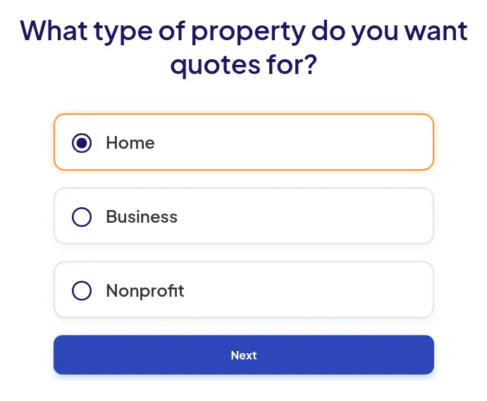 EnergySage multi-step form screen 2: asks whether the quote is for a home, a business or a nonprofit
