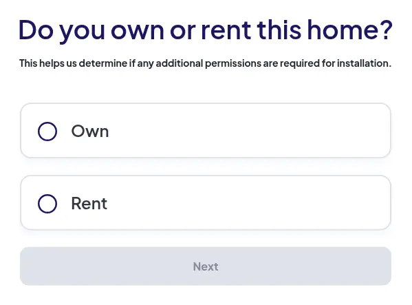 EnergySage multi-step form screen 3: asks whether you own or rent the home