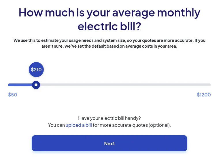 EnergySage multi-step form screen 4: asks for the average monthly electric bill on a slider from $50 to $1,200