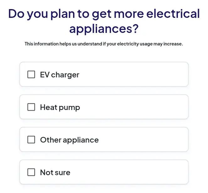 EnergySage multi-step form screen 5: asks which new electrical appliances are planned, such as an EV charger or a heat pump