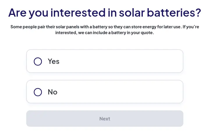EnergySage multi-step form screen 6: asks whether you are interested in a solar battery