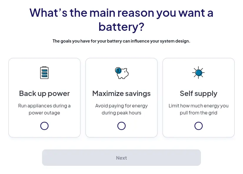EnergySage multi-step form screen 7: asks the main reason for a battery: backup power, savings or self supply