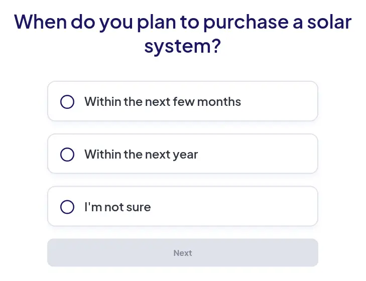 EnergySage multi-step form screen 8: asks when you plan to buy a solar system