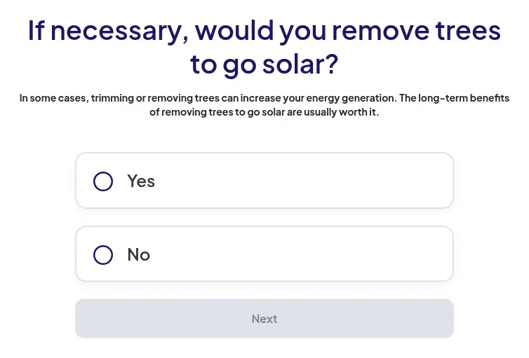 EnergySage multi-step form screen 9: asks whether you would remove trees to go solar