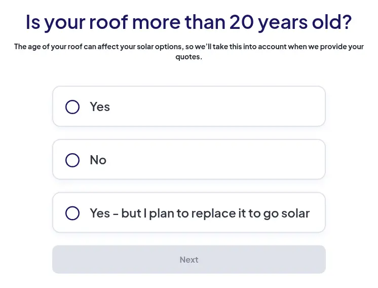 EnergySage multi-step form screen 10: asks whether the roof is more than 20 years old