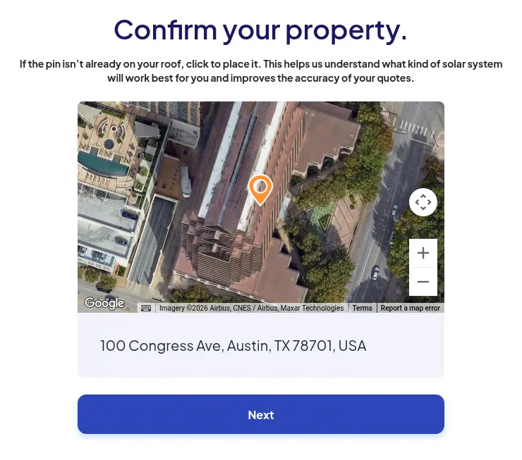 EnergySage multi-step form screen 12: shows a satellite map pin on the entered address to confirm the roof