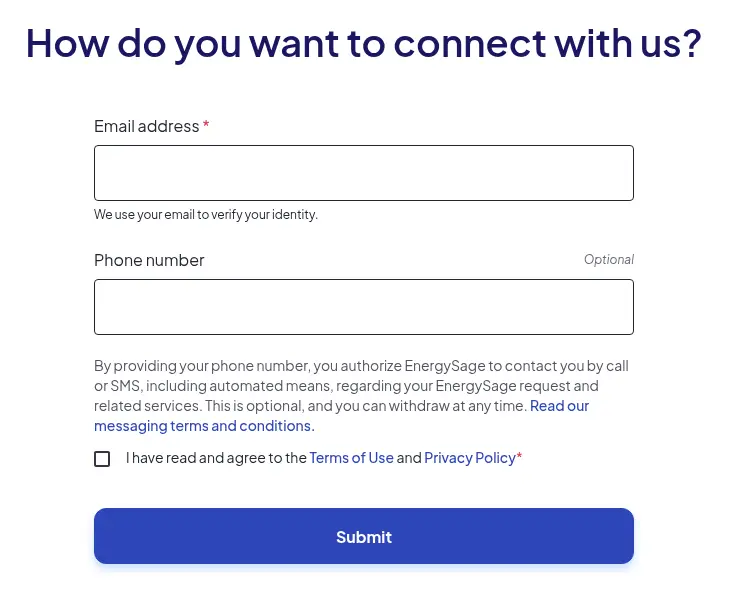 EnergySage multi-step form screen 14: asks for email and an optional phone number, with a terms checkbox and a Submit button