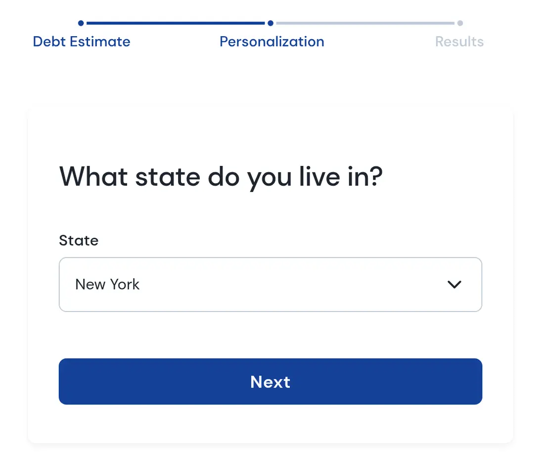 Freedom Debt Relief multi-step form screen 2: your state, from a dropdown, under a three-stage progress bar