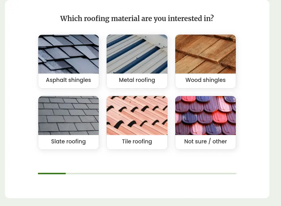 Growform multi-step form screen 1: pick the roofing material from six picture cards