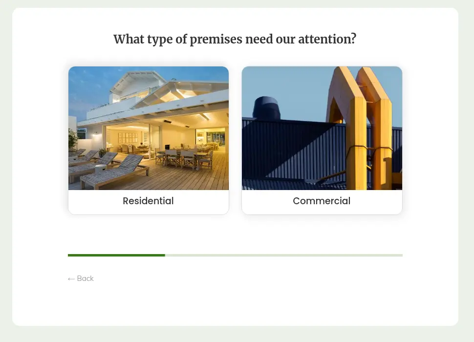 Growform multi-step form screen 2: choose residential or commercial from picture cards