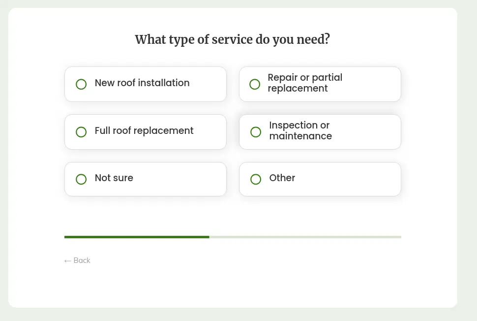 Growform multi-step form screen 3: choose the roofing service needed