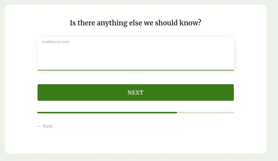 Growform multi-step form screen 5: an optional free-text box for extra details