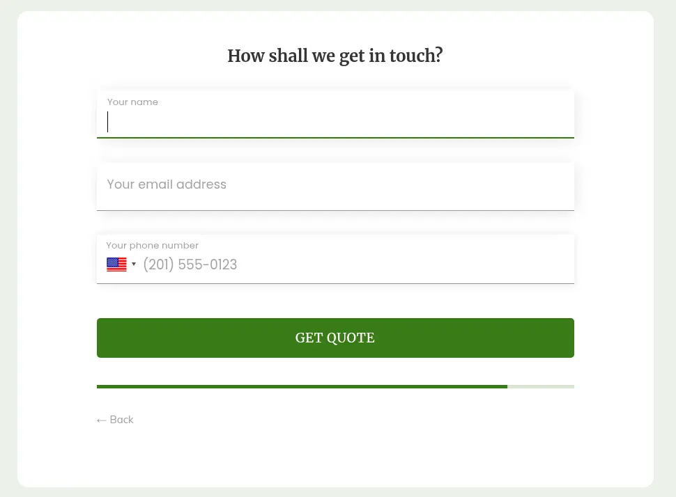 Growform multi-step form screen 6: name, email and phone, then Get quote