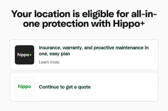 Hippo multi-step form screen 2: whether to look at the Hippo+ plan or continue to a quote