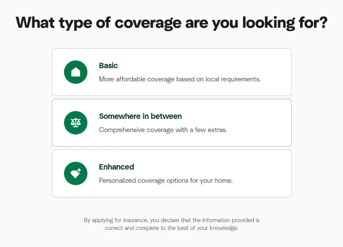 Hippo multi-step form screen 3: the coverage level, from basic to enhanced, as icon cards