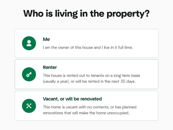 Hippo multi-step form screen 5: who lives in the property: the owner, a renter, or nobody