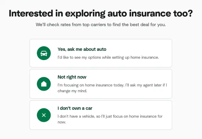 Hippo multi-step form screen 7: whether you also want auto insurance quotes