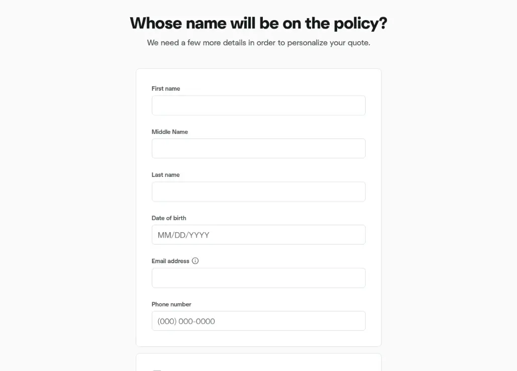 Hippo multi-step form screen 8: the policy holder&#x27;s name, date of birth, email and phone