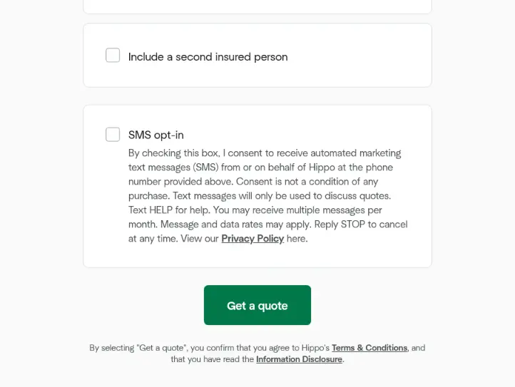 Hippo multi-step form screen 9: the lower half of the contact screen, with a second insured person option, SMS opt-in and the Get a quote button
