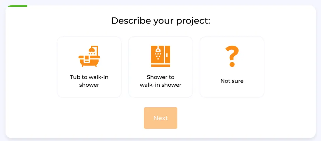 HomeBuddy multi-step form screen 2: the project type, from tub to walk-in shower or shower to walk-in shower, as icon cards