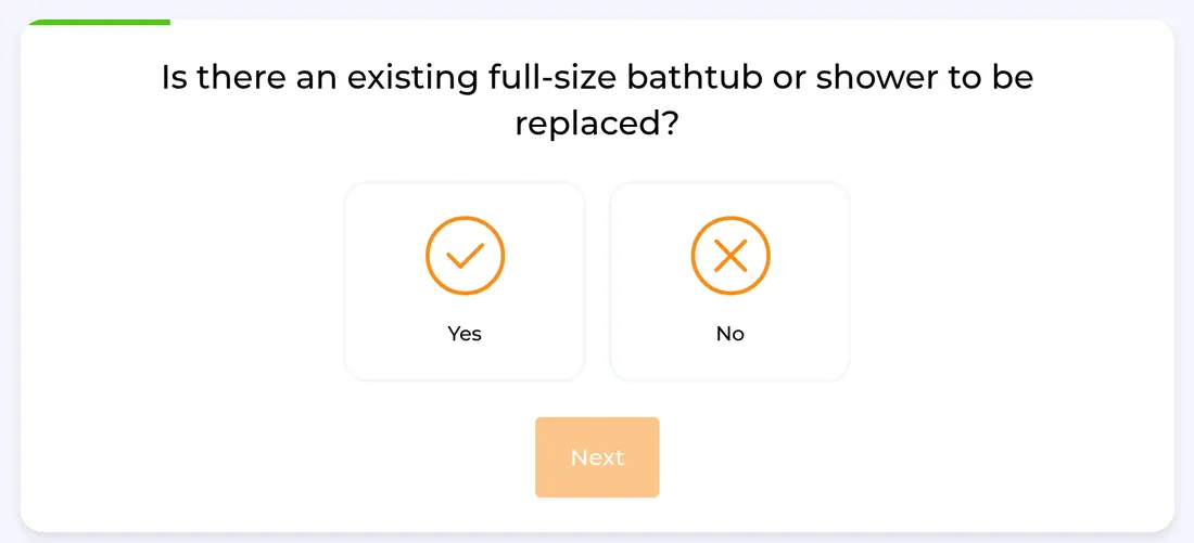 HomeBuddy multi-step form screen 3: whether there is an existing tub or shower to replace, as Yes and No icons
