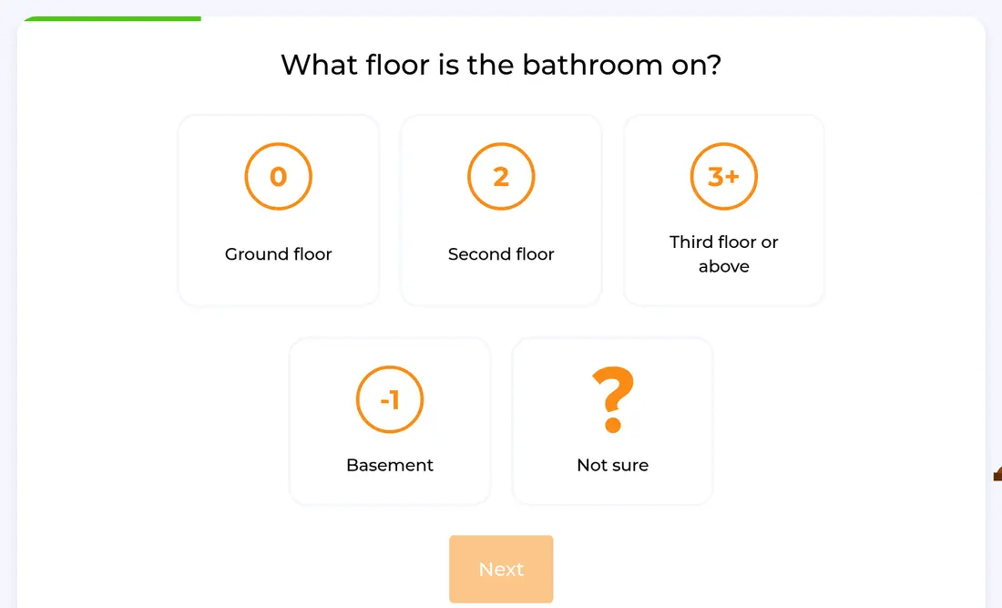 HomeBuddy multi-step form screen 4: which floor the bathroom is on, from basement to third floor or above