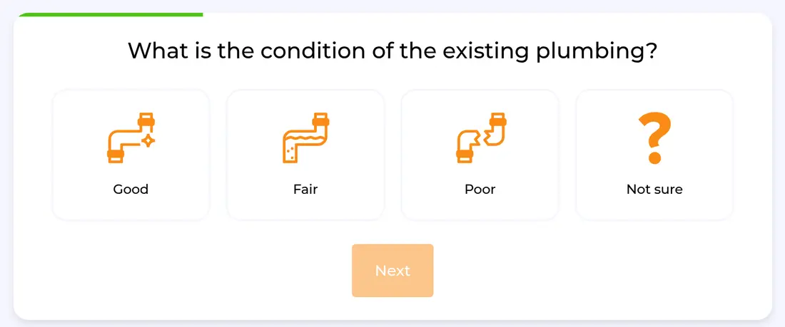 HomeBuddy multi-step form screen 5: the condition of the existing plumbing, from good to poor