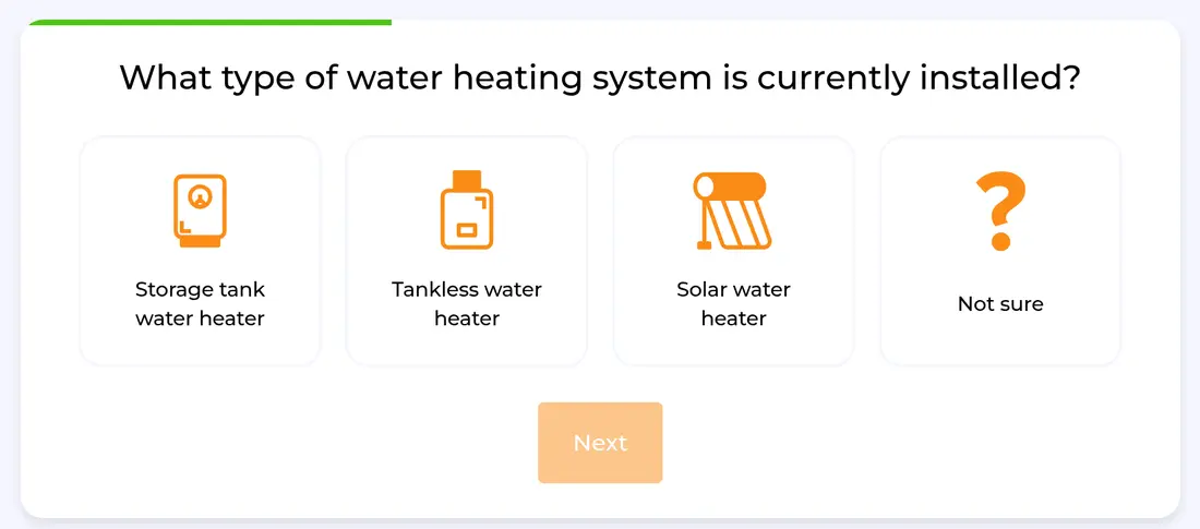 HomeBuddy multi-step form screen 6: the type of water heater installed, as icon cards
