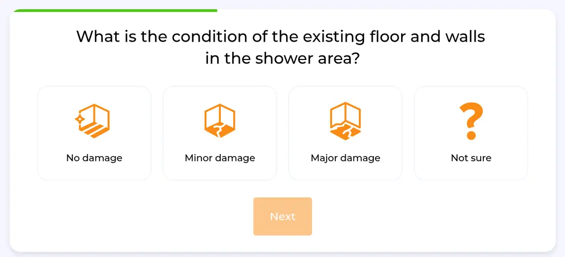 HomeBuddy multi-step form screen 7: how damaged the floor and walls in the shower area are