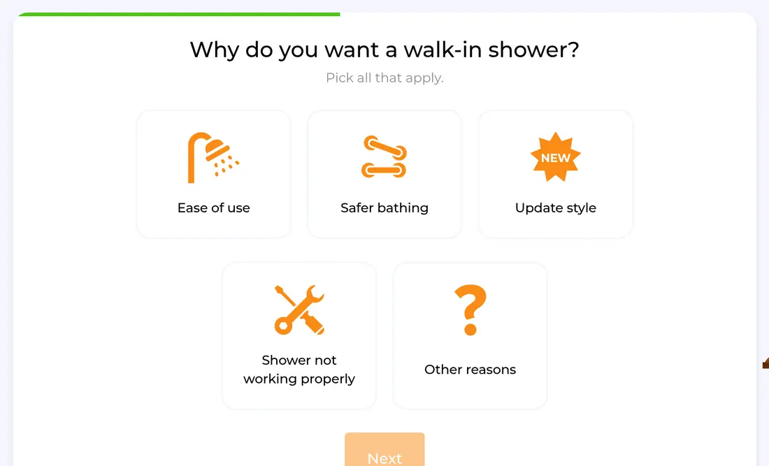 HomeBuddy multi-step form screen 8: why you want a walk-in shower, as multi-select icon cards