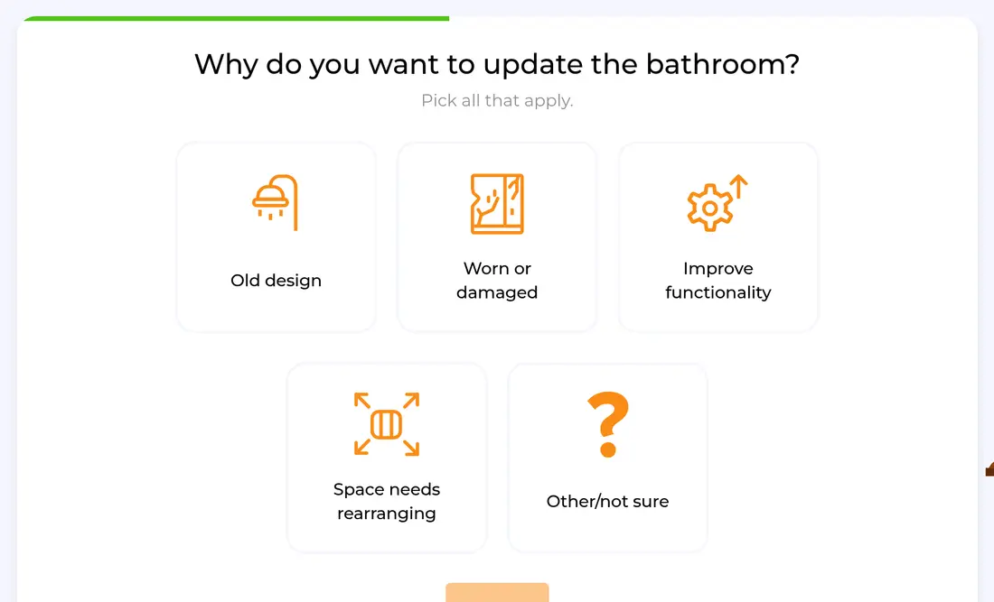 HomeBuddy multi-step form screen 9: why you want to update the bathroom, as multi-select icon cards
