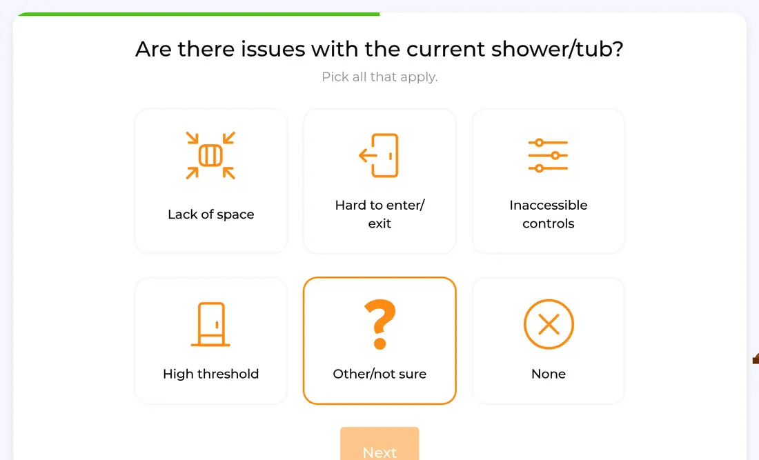 HomeBuddy multi-step form screen 10: problems with the current shower or tub, as multi-select icon cards