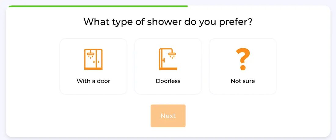 HomeBuddy multi-step form screen 11: whether you want a shower with a door or doorless