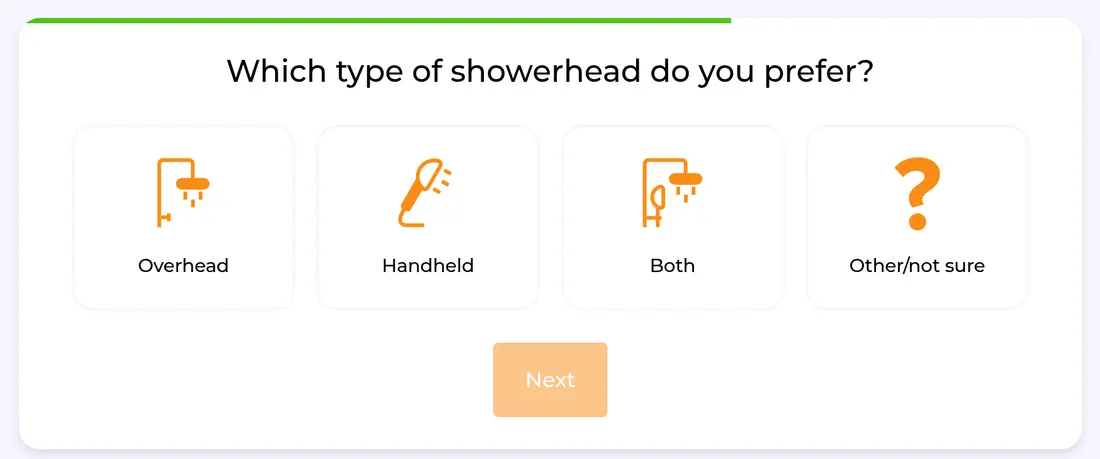 HomeBuddy multi-step form screen 13: the showerhead type, from overhead to handheld or both