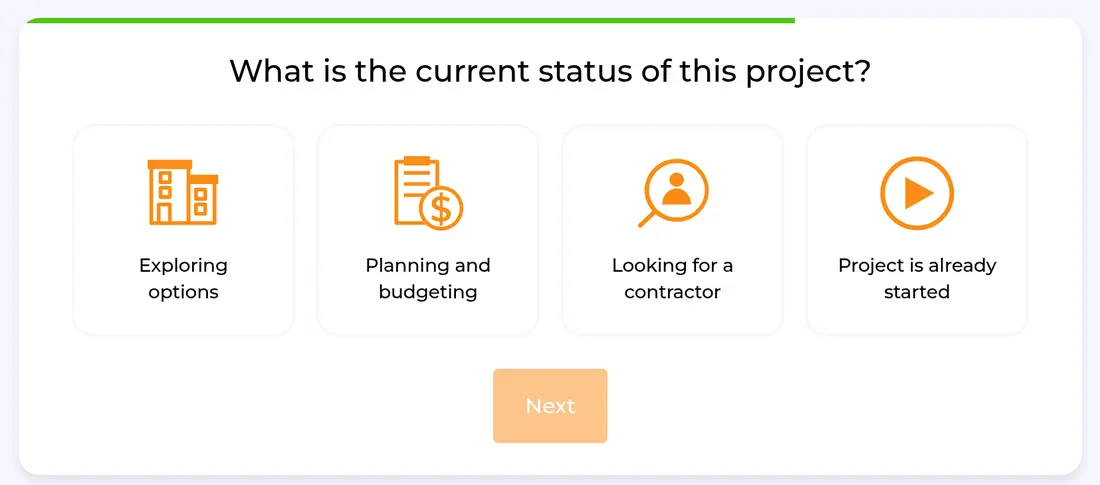 HomeBuddy multi-step form screen 14: how far along the project is, from exploring options to already started