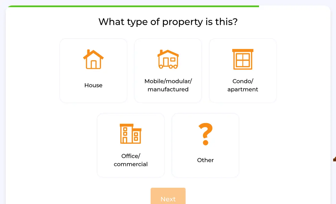 HomeBuddy multi-step form screen 15: the property type, from house to office or commercial