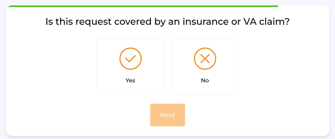 HomeBuddy multi-step form screen 16: whether an insurance or VA claim covers the work
