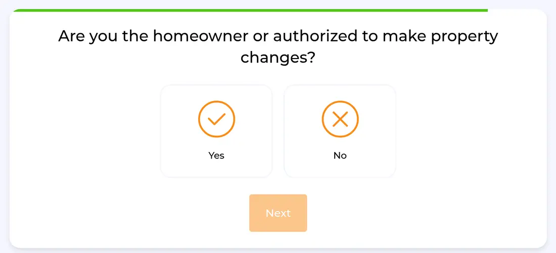 HomeBuddy multi-step form screen 17: whether you own the home or are authorized to make changes