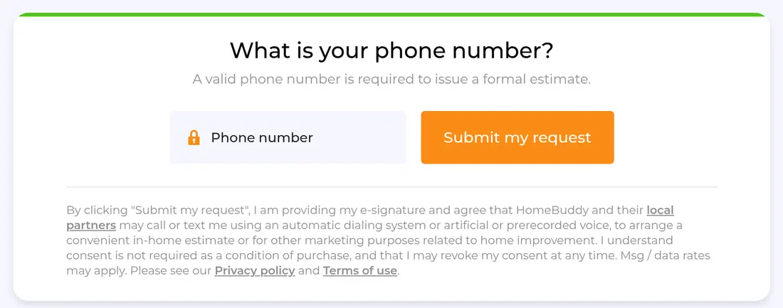 HomeBuddy multi-step form screen 19: the phone number, with the Submit my request button and the call and text consent