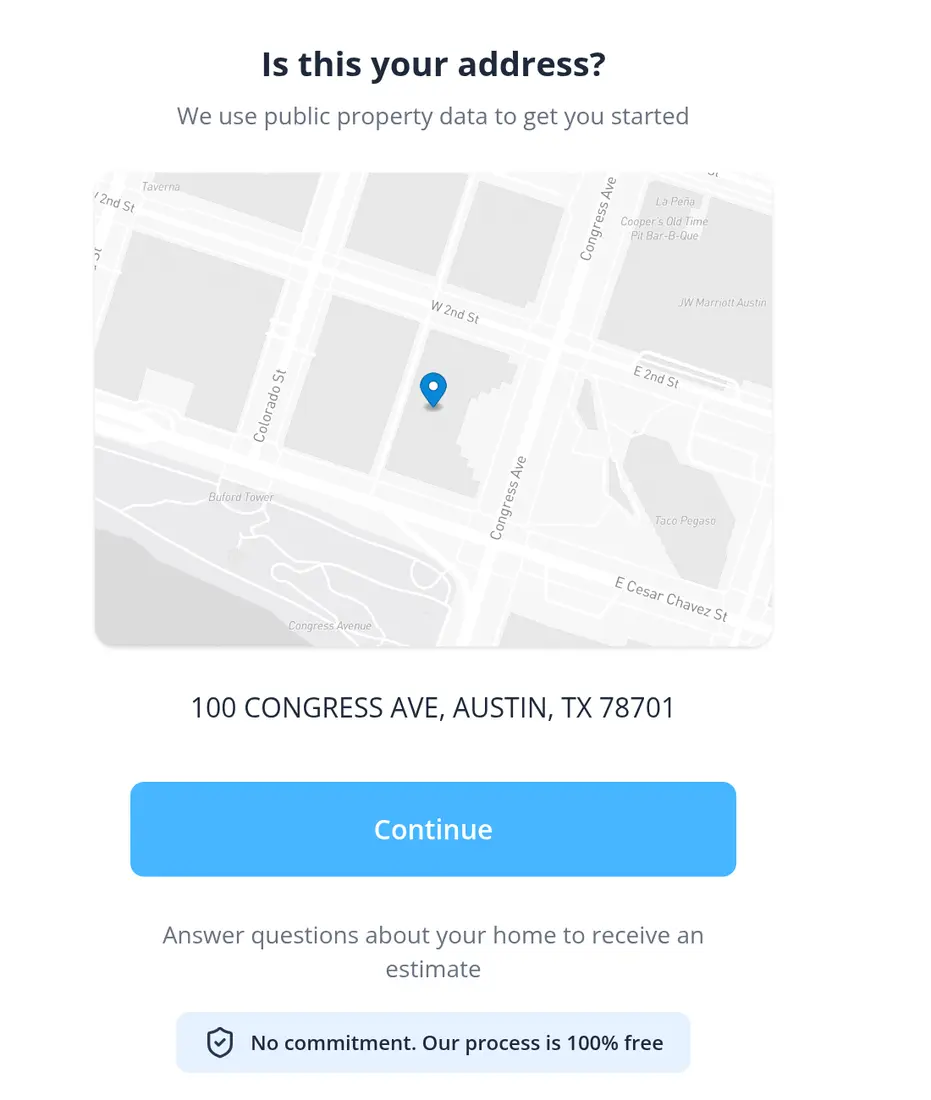 HomeLight multi-step form screen 2: shows the matched address on a street map with a Continue button