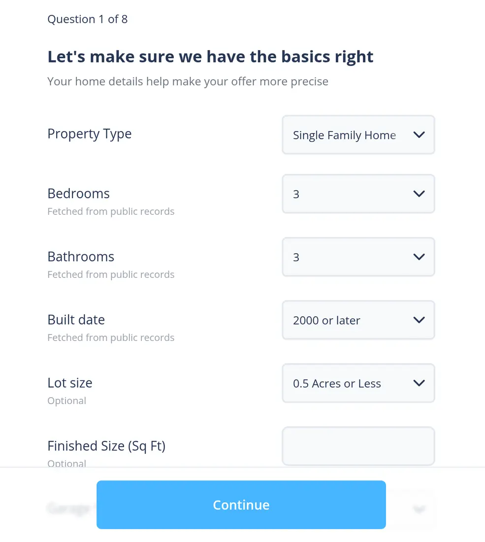 HomeLight multi-step form screen 3: asks to confirm property type, bedrooms, bathrooms, build date, lot size and square footage