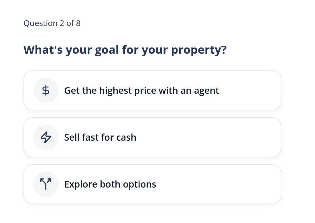 HomeLight multi-step form screen 4: asks whether the goal is the highest price with an agent, a fast cash sale or both