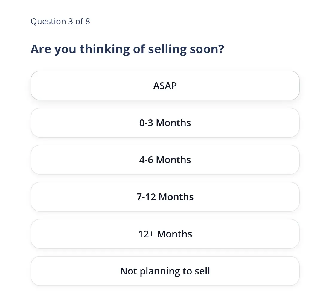 HomeLight multi-step form screen 5: asks when you plan to sell, from ASAP to not planning to sell