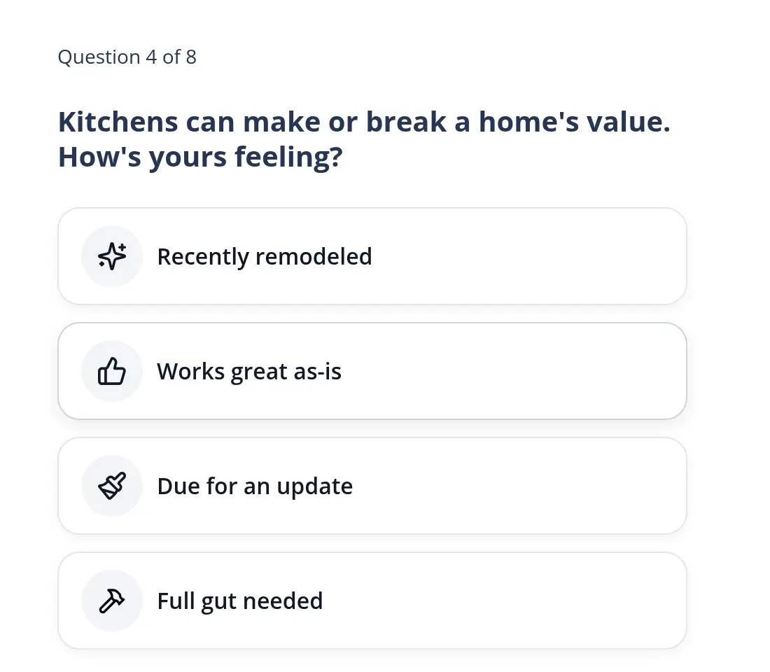 HomeLight multi-step form screen 6: asks you to rate the kitchen&#x27;s condition