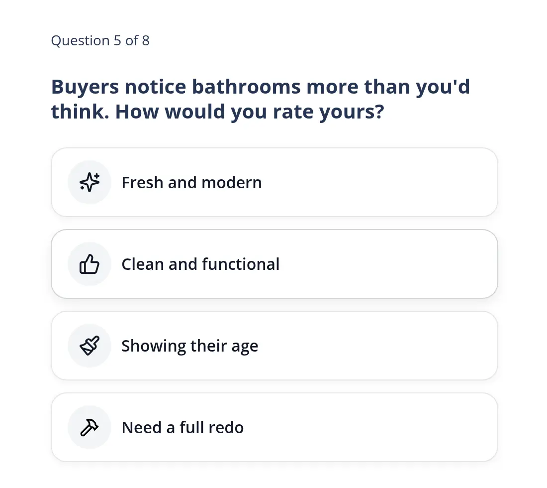 HomeLight multi-step form screen 7: asks you to rate the bathrooms&#x27; condition