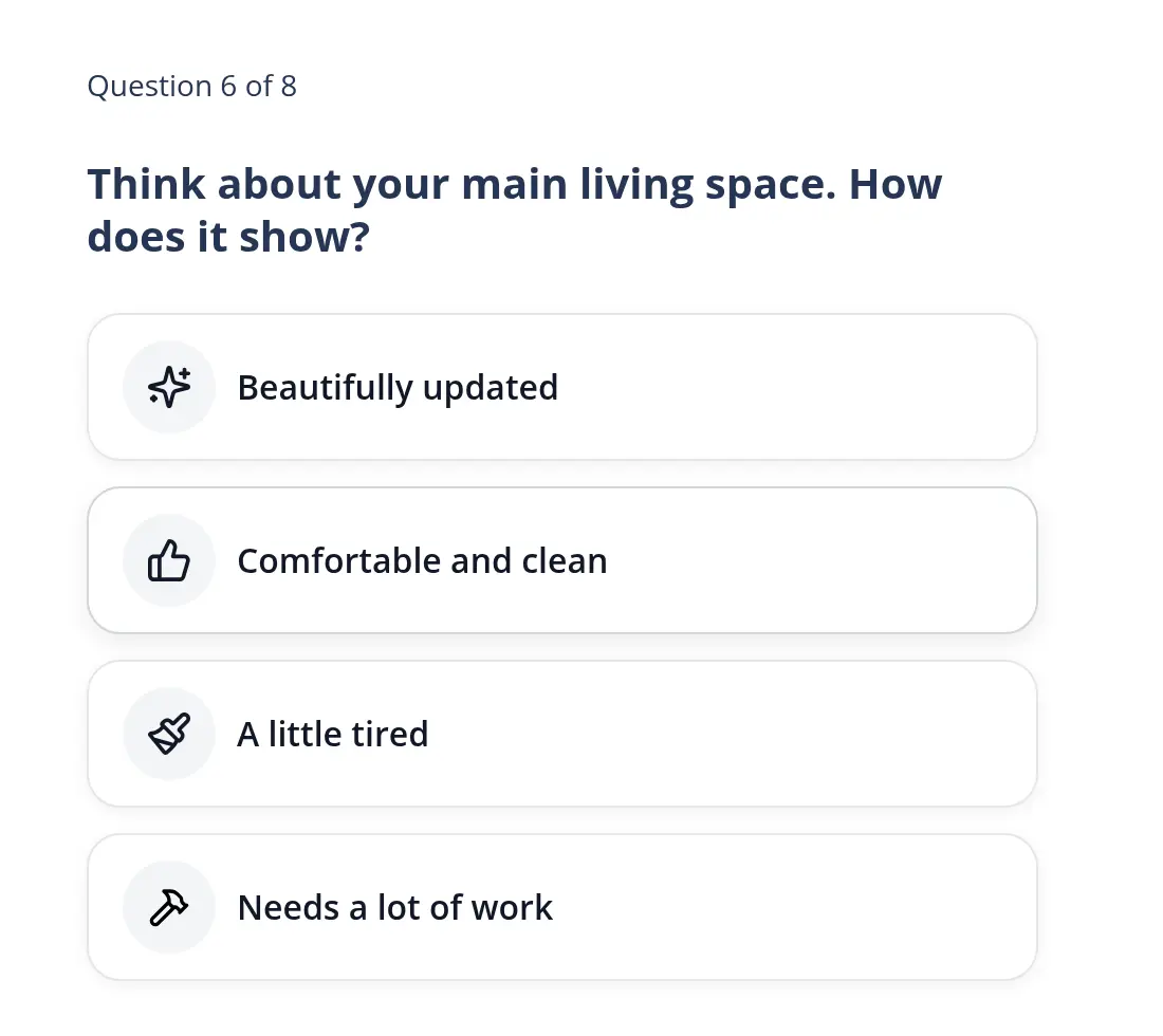HomeLight multi-step form screen 8: asks you to rate the main living space